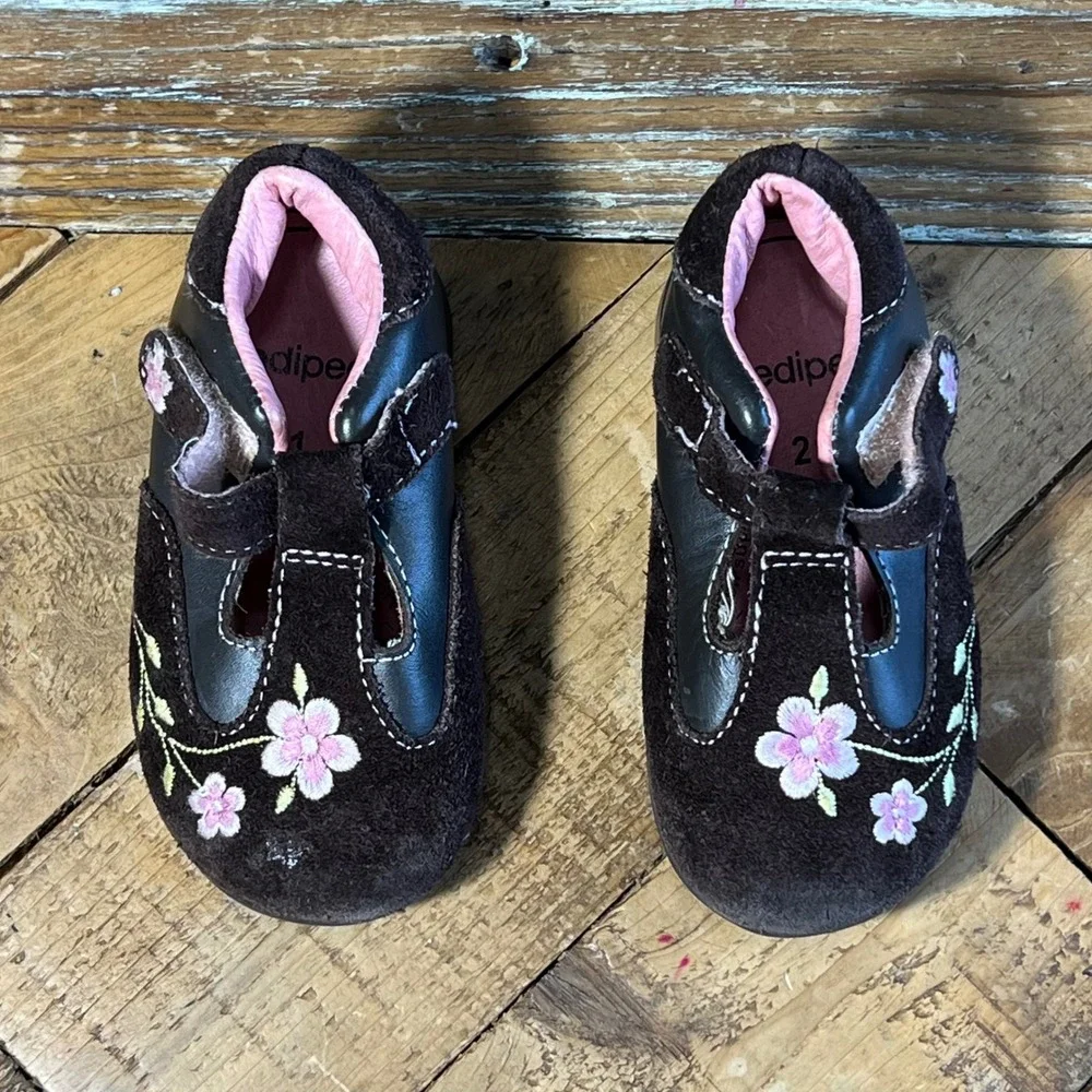 Pediped Brown‎ Leather Suede Floral Embroidered Toddler Shoes Size US 5 EU 21